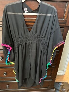 BONGO Black Swim Coverup with Rainbow Pom-Pom Trim